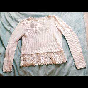 Aerie white knit sweater with lace trim